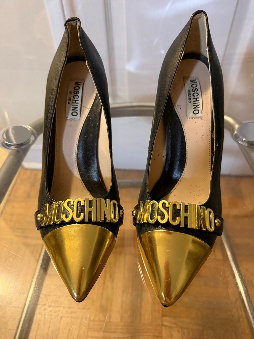 Moschino Black Leather Pumps with Gold Pointed Cap